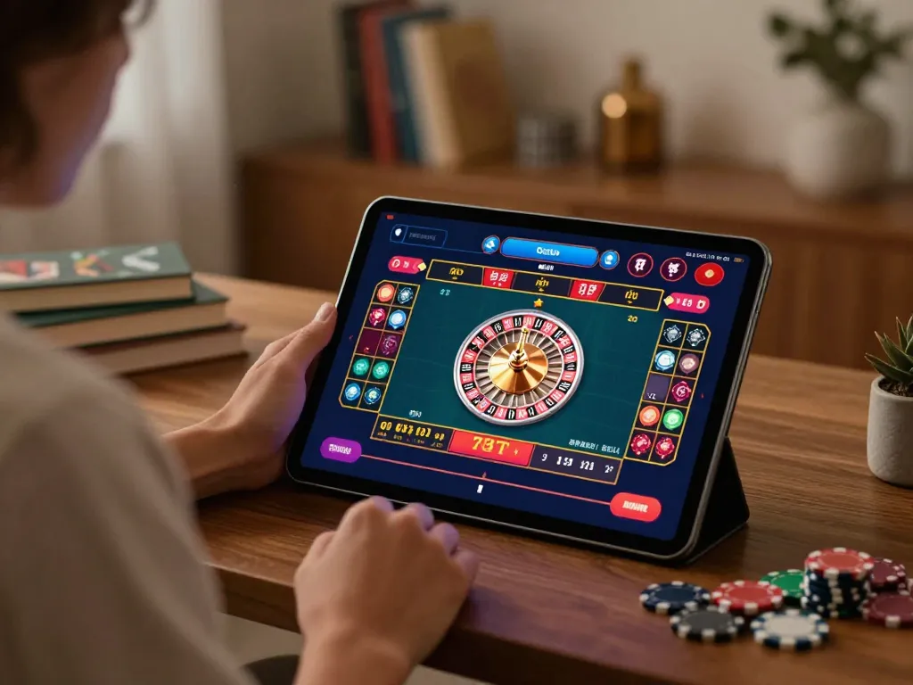 Tại 56win, enjoy intense online roulette gameplay on a warm ambient-lit tablet.