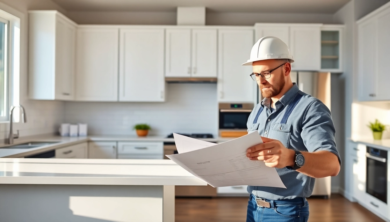 Home renovation contractor reviewing plans in a modern kitchen with stylish features.