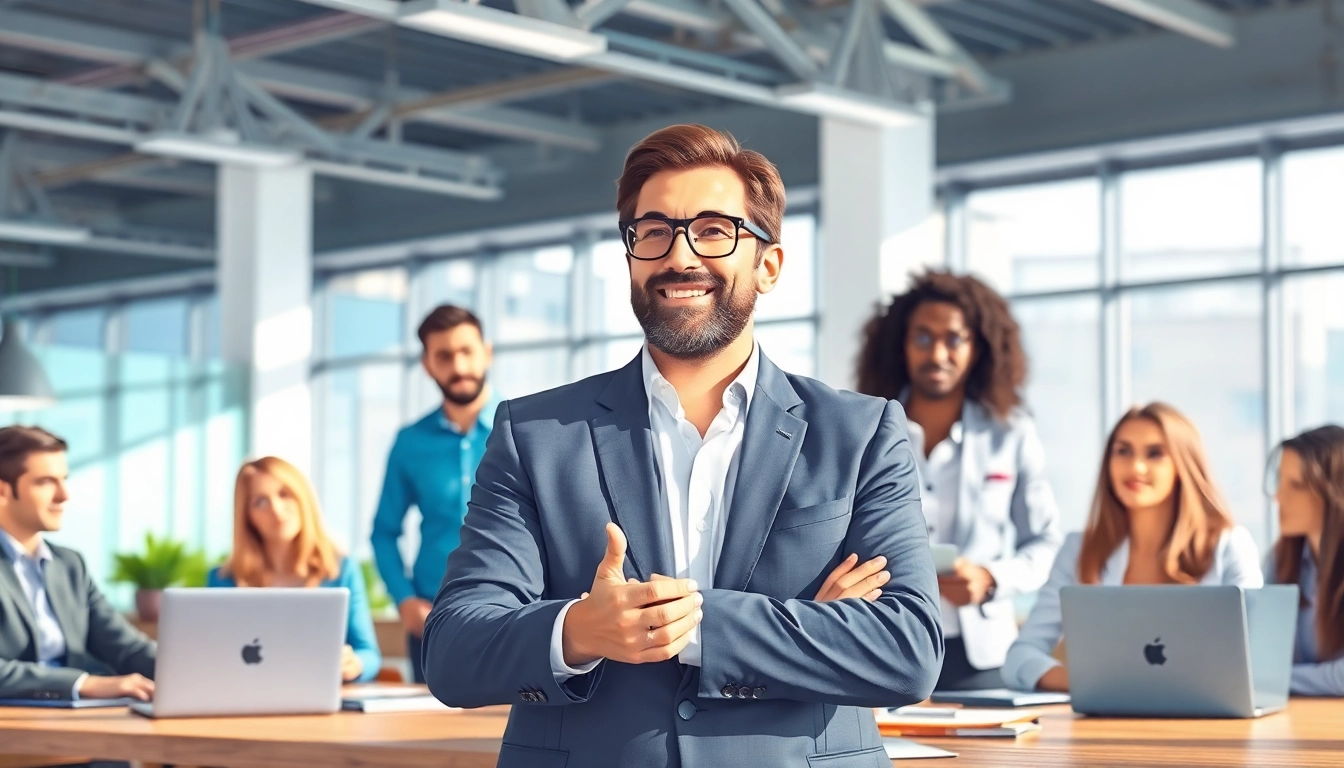 Sales coach guiding a diverse team in a bright office environment, promoting teamwork and growth.
