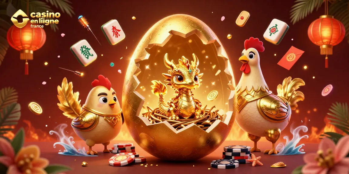 Illustration captivante sur le thème du casino en ligne France avec des éléments de jeu flashy et un dragon en or.