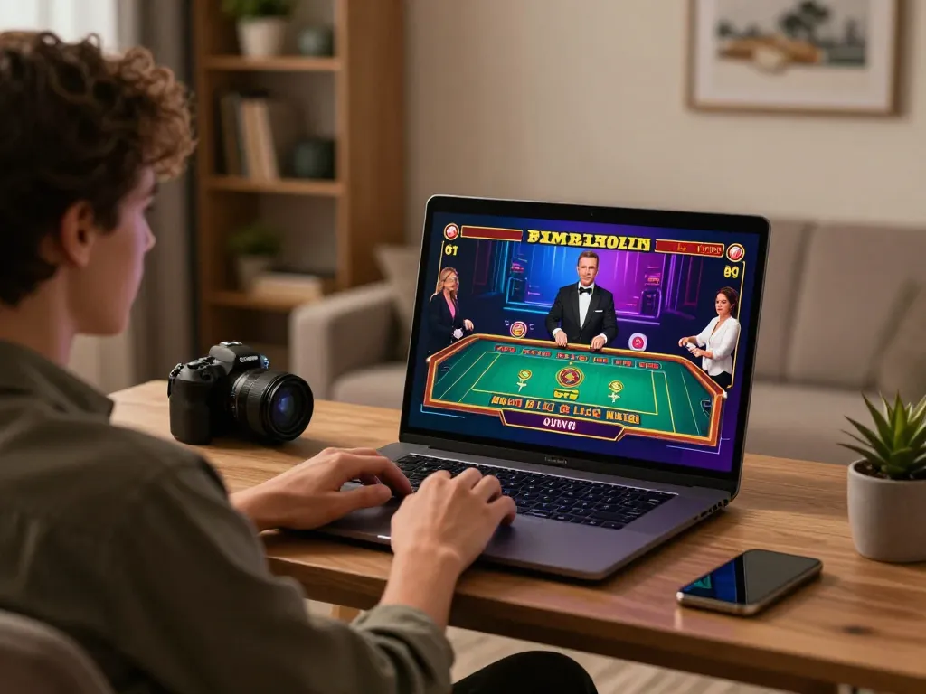 tv88 engages players in an immersive online casino atmosphere, showcasing a vibrant live dealer game on a laptop.
