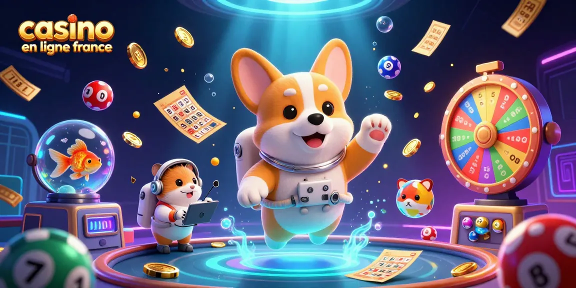 Images captivantes de casino en ligne France avec des personnages et des éléments de jeu flottants.