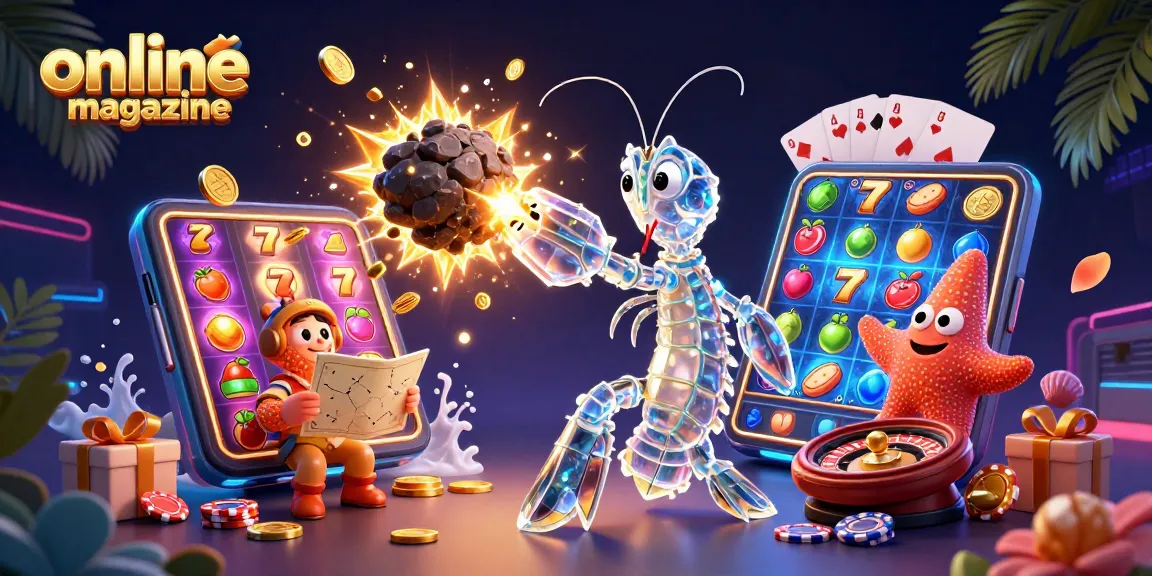 Engage with our online magazine showcasing vibrant casino illustrations featuring slots, gems, and starlight.