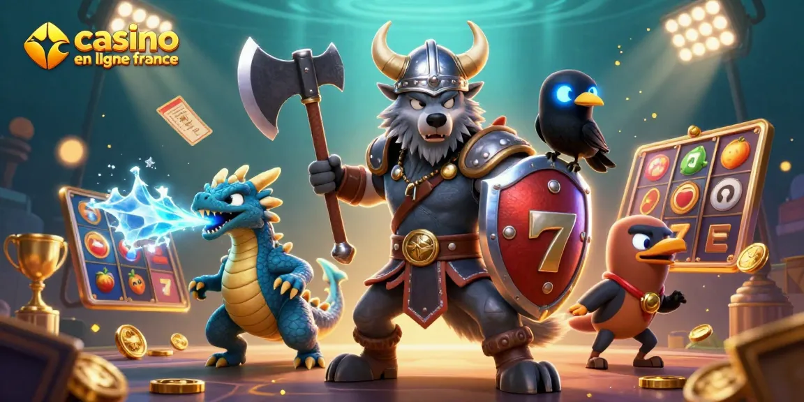 Casino en ligne France : Illustration animée de guerrier viking, dragon et éléments de jeu riches.