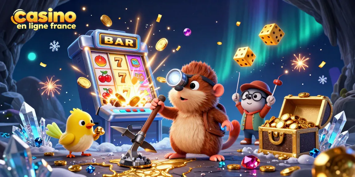 Jouer sur un casino en ligne France avec des personnages animés dans une scène magique remplie d'or et de jeux.