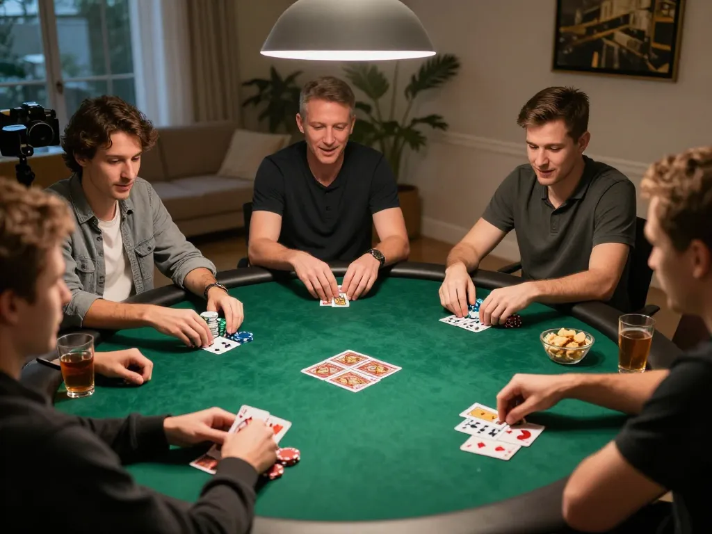 Players engage in an exciting poker game at home, showcasing the camaraderie of okwin gambling.