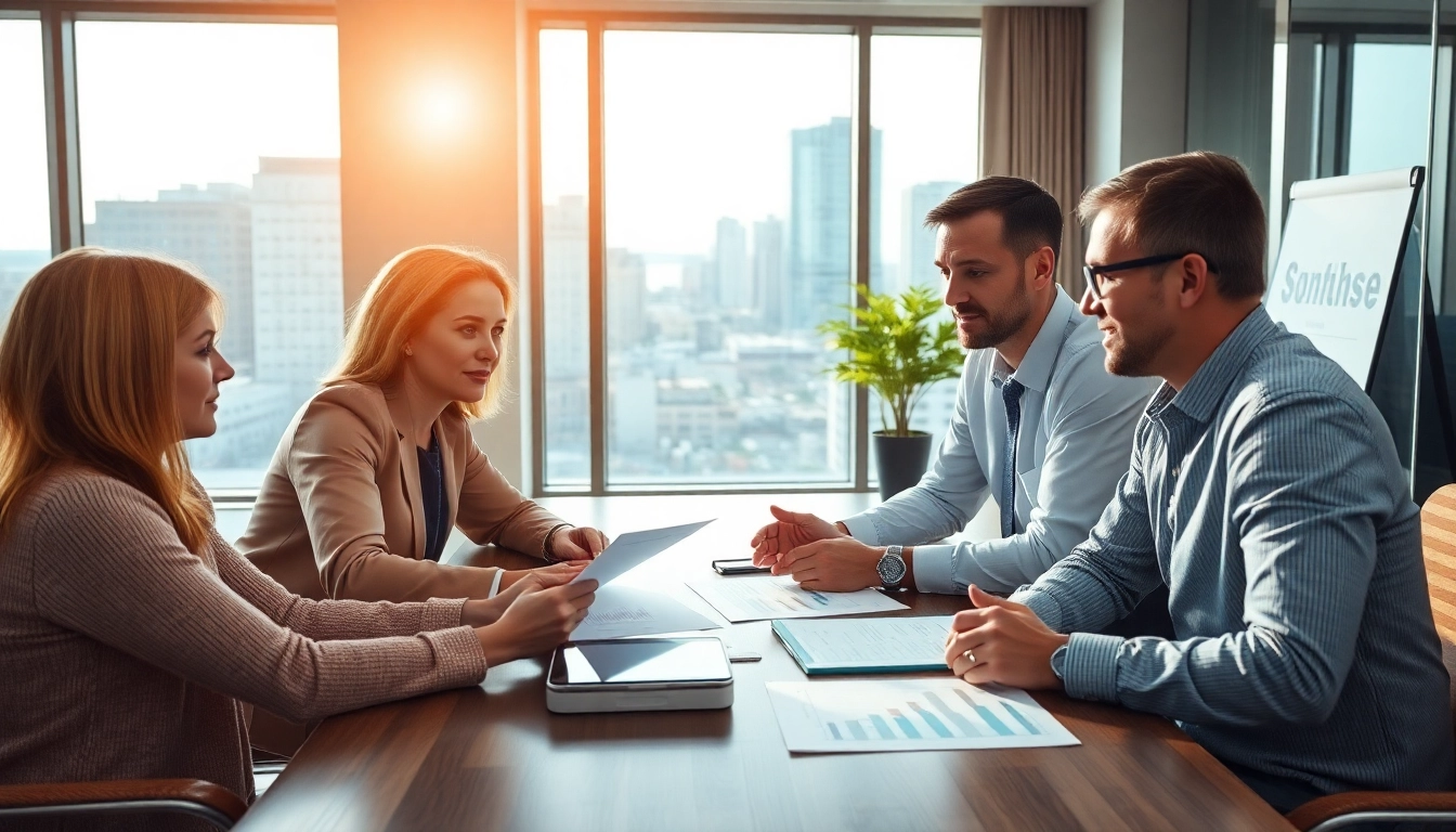 Engaging financial advisor guiding clients through Real Estate Finance strategies in an inviting office.