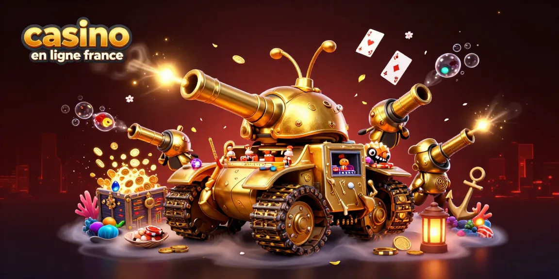 Casino en ligne France : illustration d'un tank doré avec mini-casino explosant de joyaux et de pièces.