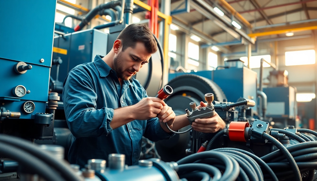 Technician providing mobile hydraulic services with hydraulic machinery in a vibrant industrial workshop.