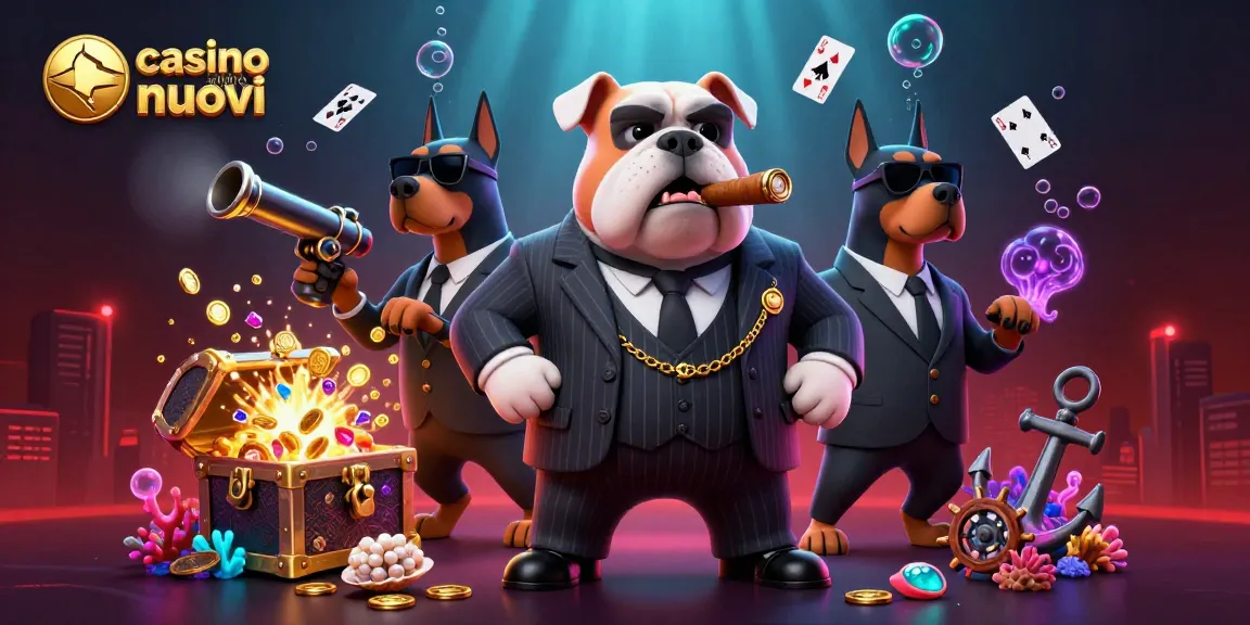 Gioca nei nuovi casinò online con l'illustrazione di un bulldog mafioso e coppia di Doberman, ricco di dettagli.