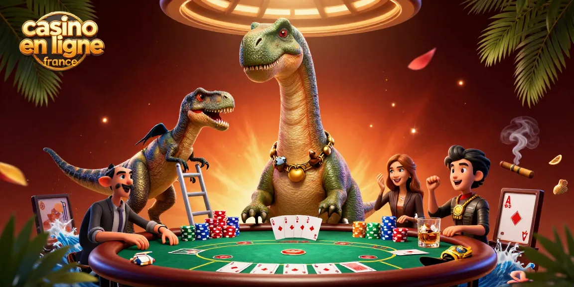 Profitez du casino en ligne France avec une illustration 3D captivante d'un brontosaure dans un casino.