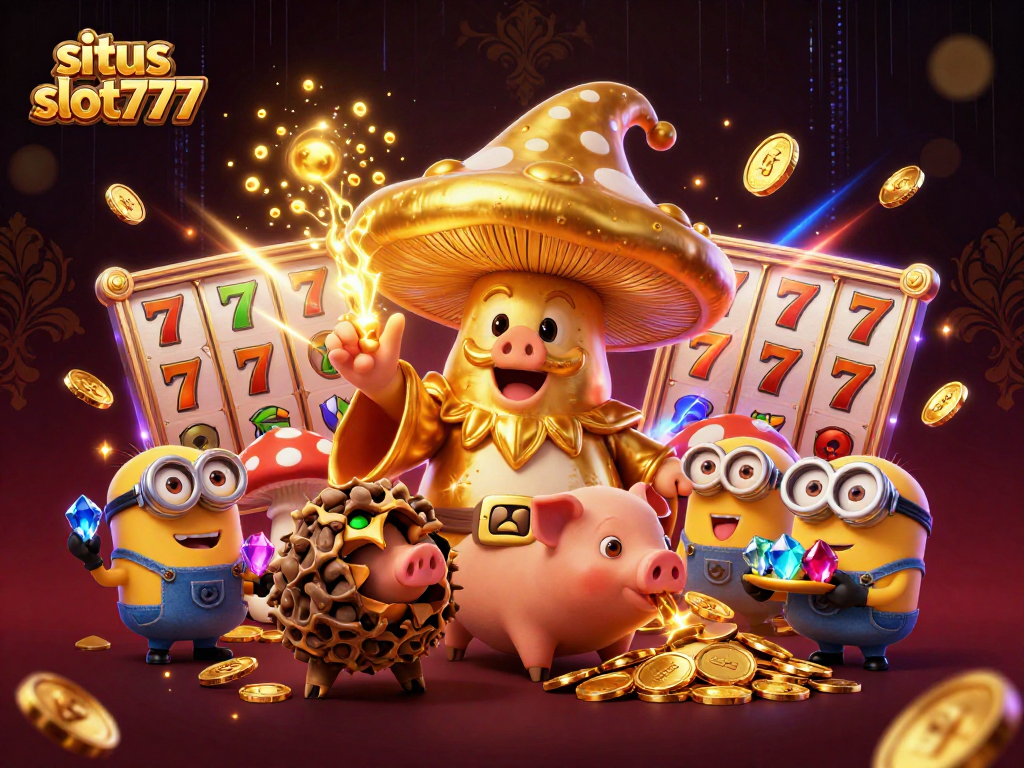 Savor exciting victories at situs slot777 with magical golden mushrooms, vibrant slot elements, and energetic 3D graphics.