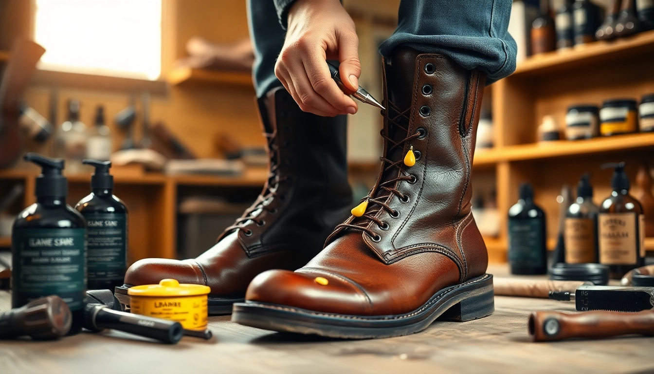How to waterproof leather boots for winter with a close-up of wax being applied to boots
