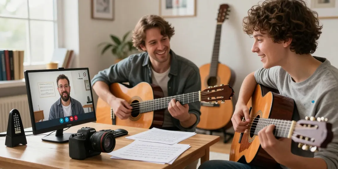 Guitar coach online helping a student in a warm home studio.