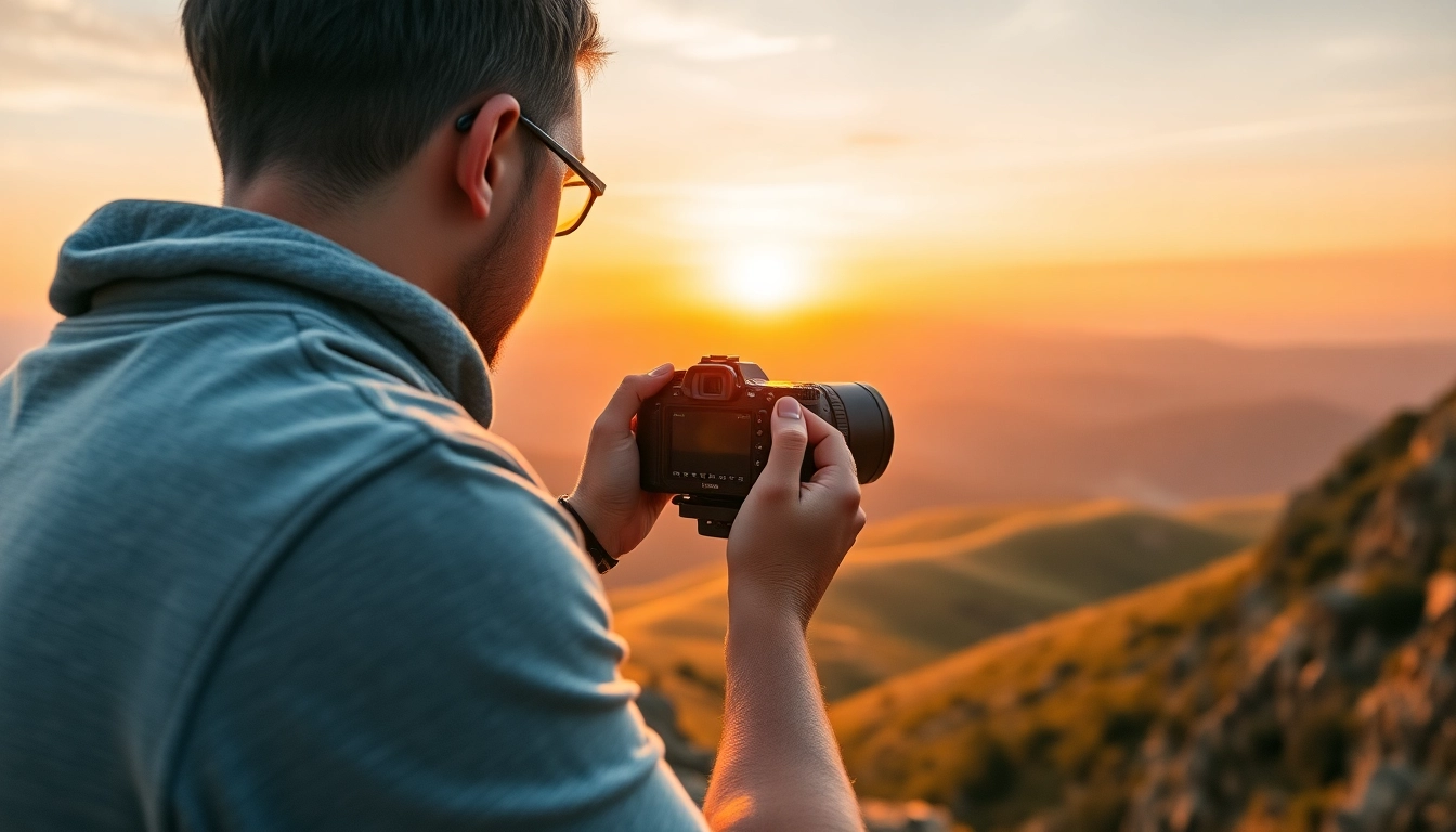 Photographer using Insta360 camera to capture stunning landscapes during sunset.