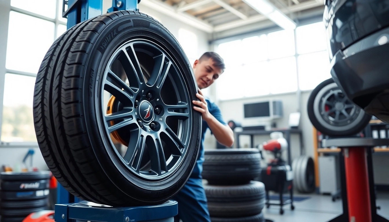 Tire installation Nashville with a technician expertly mounting a tire in a bright automotive shop.