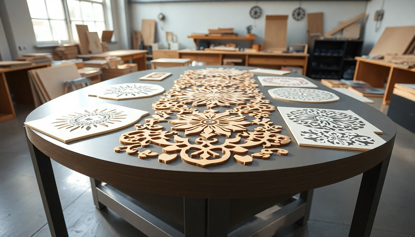 Explore detailed laser cutting designs showcased on a creative workshop table.