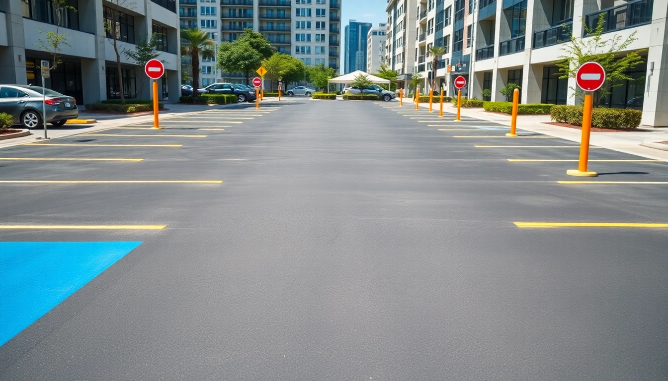 Showcasing Parking lot striping Flowood MS with freshly painted lines in a professional urban environment.