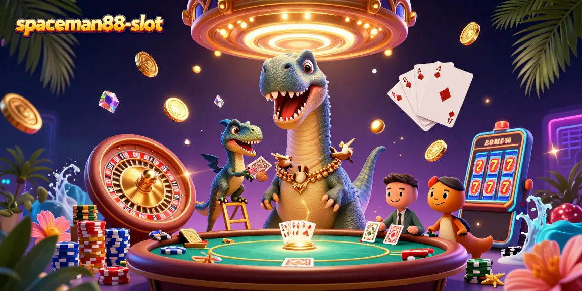 Experience the thrill of spaceman88-slot with vibrant casino elements and playful dinosaur characters.