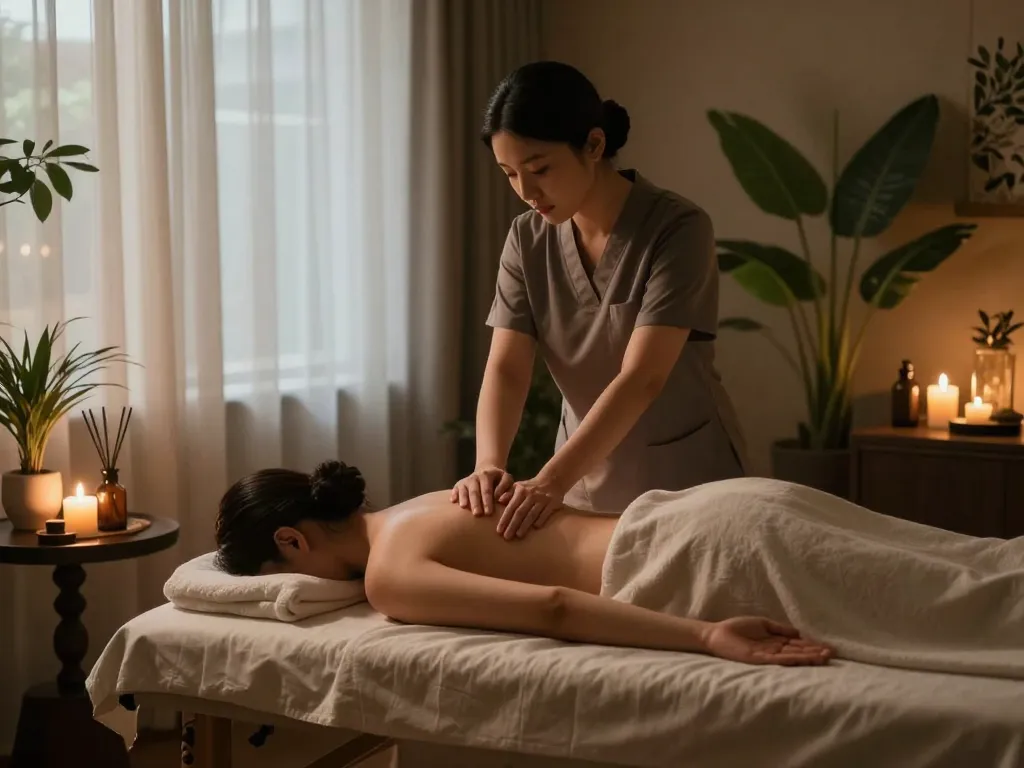 Relaxing 서초스웨디시 spa scene with therapist performing a calming massage in a serene environment.