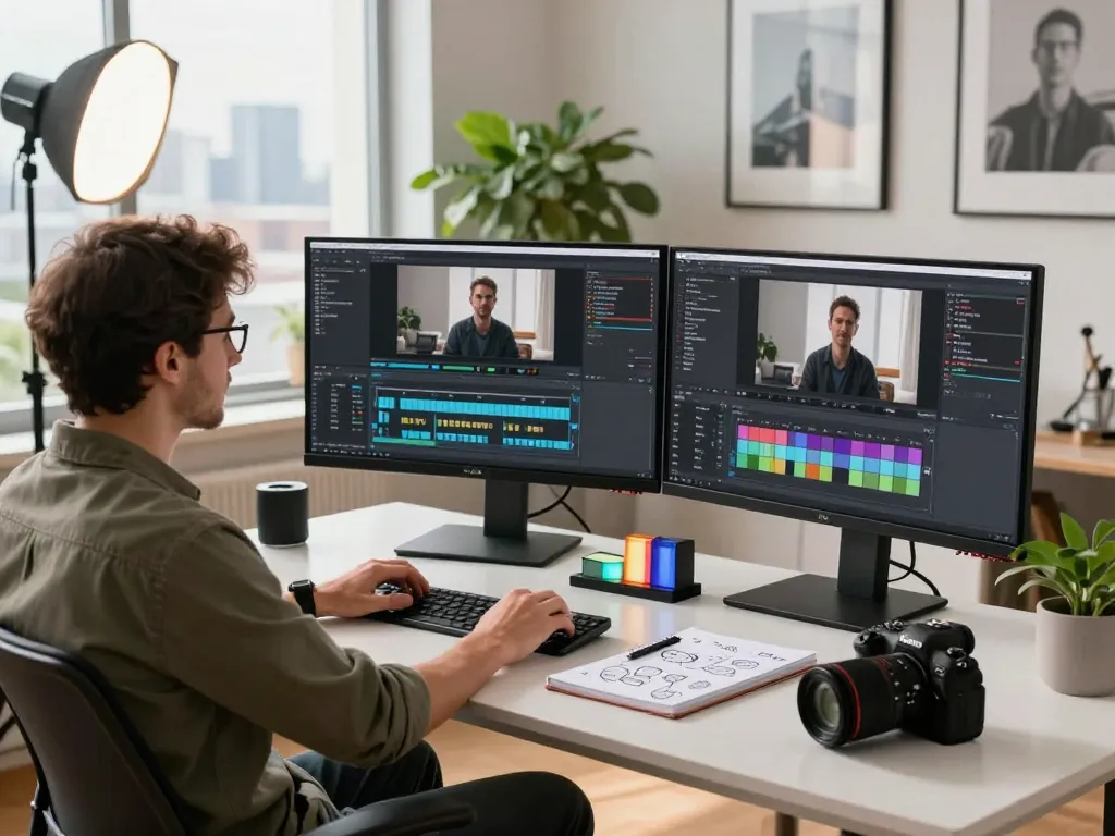 Content creator using video to prompt tools in a modern workspace with tech elements.