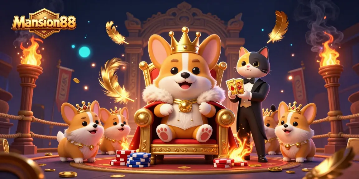Mansion88 showcases a royal corgi on a throne of poker chips in a vibrant gambling scene.