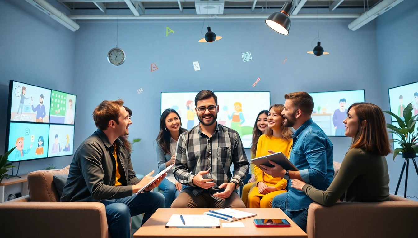 Erklärvideo erstellen mit einem kreativen Team, das Ideen in einem modernen Studio diskutiert.