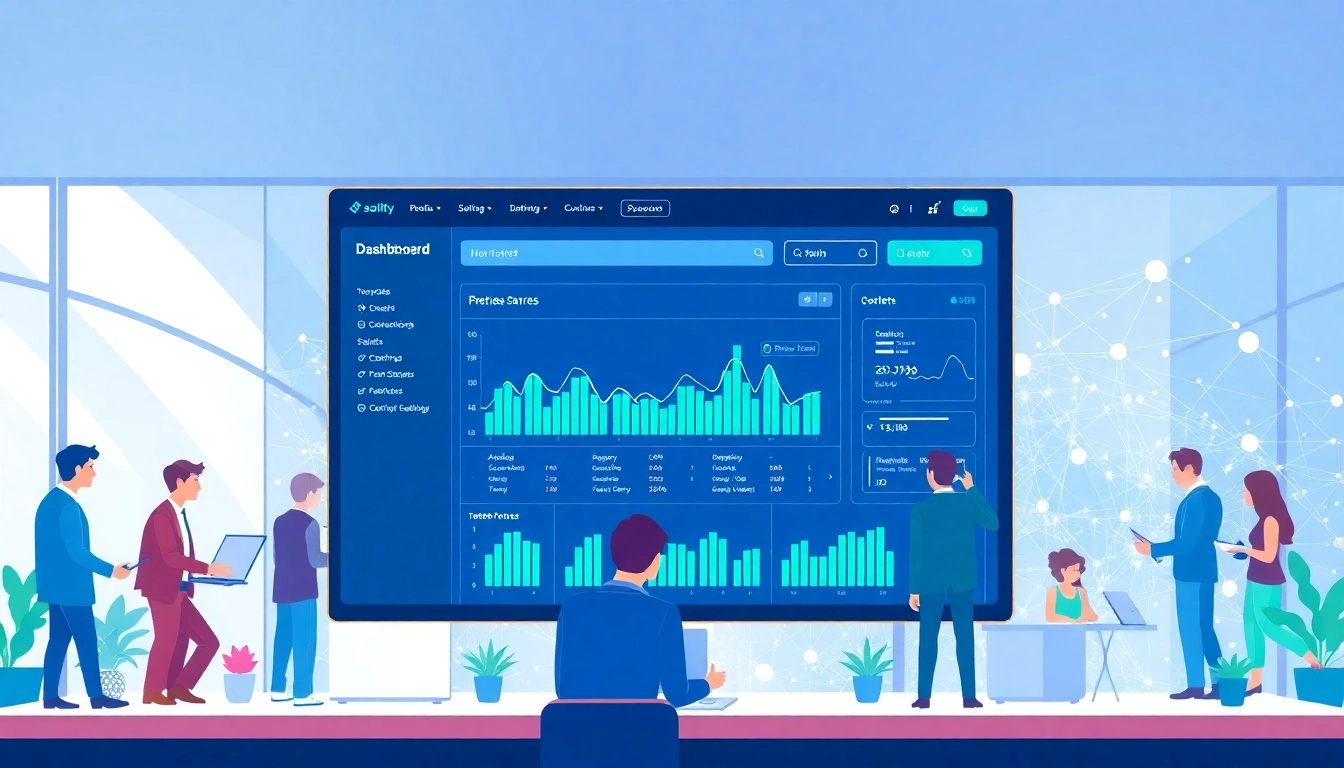 Showcase of an enterprise search engine interface with users collaborating in a modern office environment.