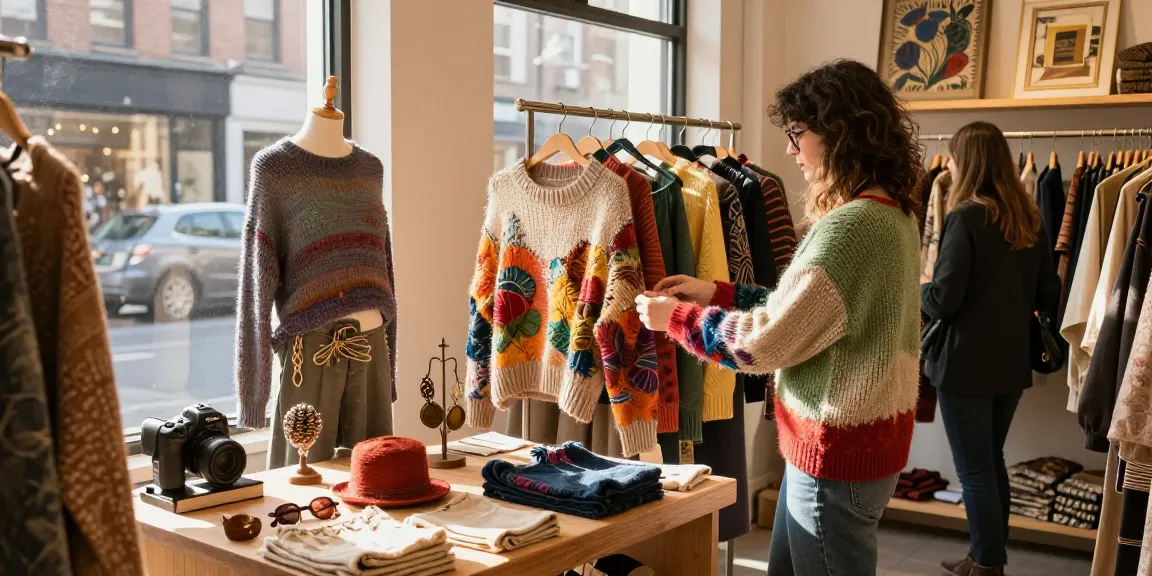 Stylish individual in unique knitwear layered with vibrant accessories in a cozy boutique.