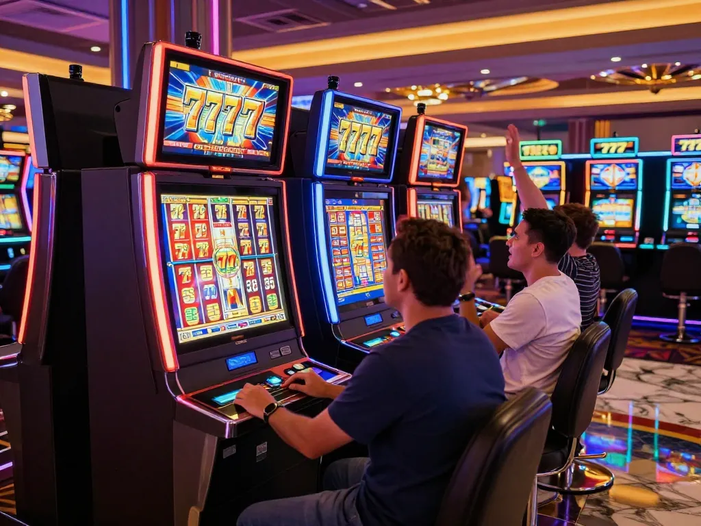 Engaged players enjoying slot 777 machines at a vibrant casino.