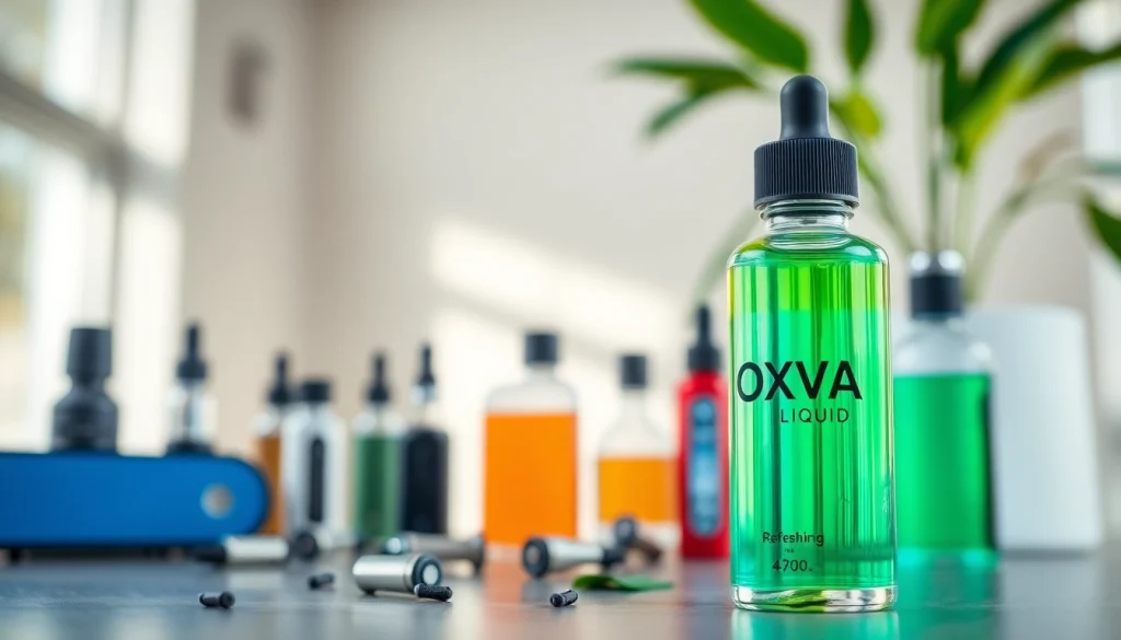 Oxva Liquid in a stylish glass bottle highlighting its vibrant color and sleek design.