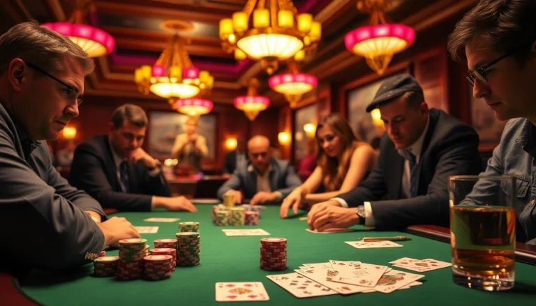 At https://kjc.uk.com/, players engage in an intense poker match surrounded by vibrant casino ambiance.