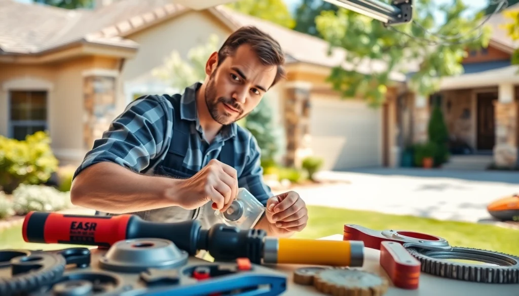 Technician performing Garage Door Repair on a residential property with tools and focus.