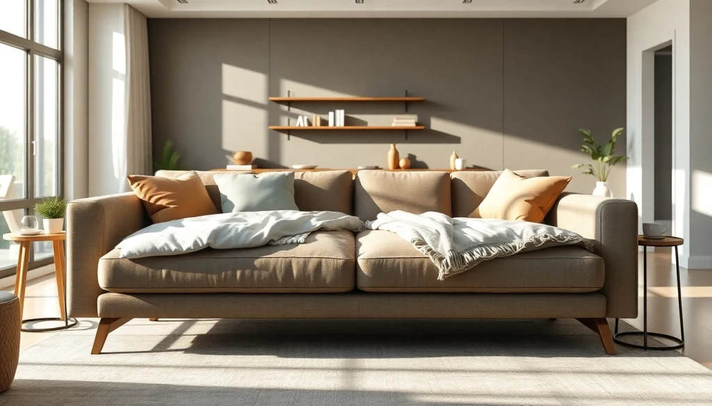 Cozy sofa bed set in a modern living room with a warm atmosphere and natural light.