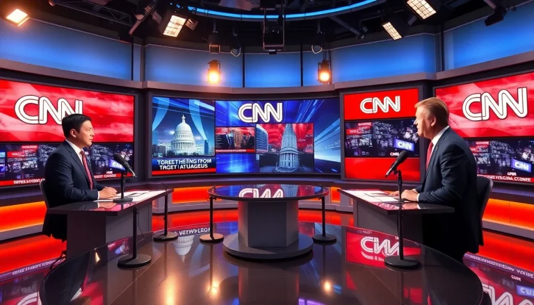 Watch CNN Live Stream in a professional news studio with anchors delivering updates.