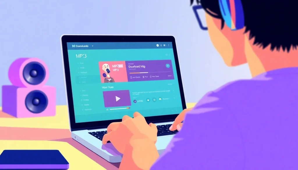 Download MP3 music effortlessly with a vibrant illustration of a person using a laptop.