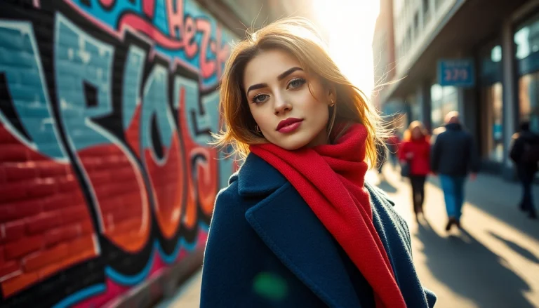 Shop the latest winter styles at https://www.northernfashions.com with a stylish model in an urban backdrop.