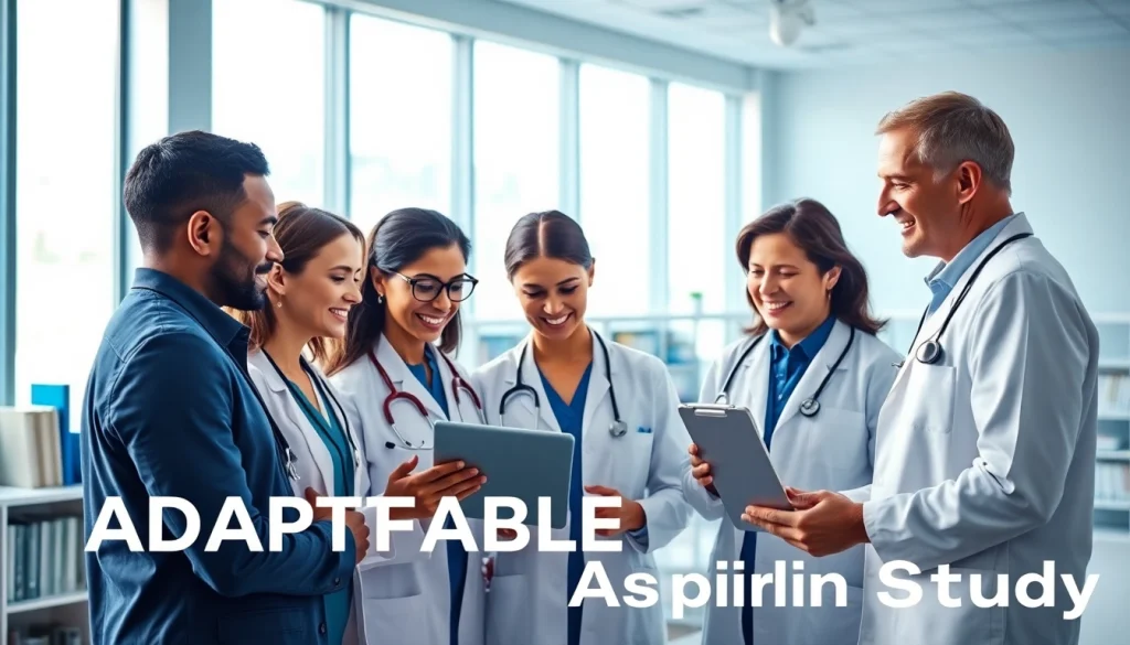 Professionals reviewing data for the ADAPTABLE Aspirin Study in a modern office.