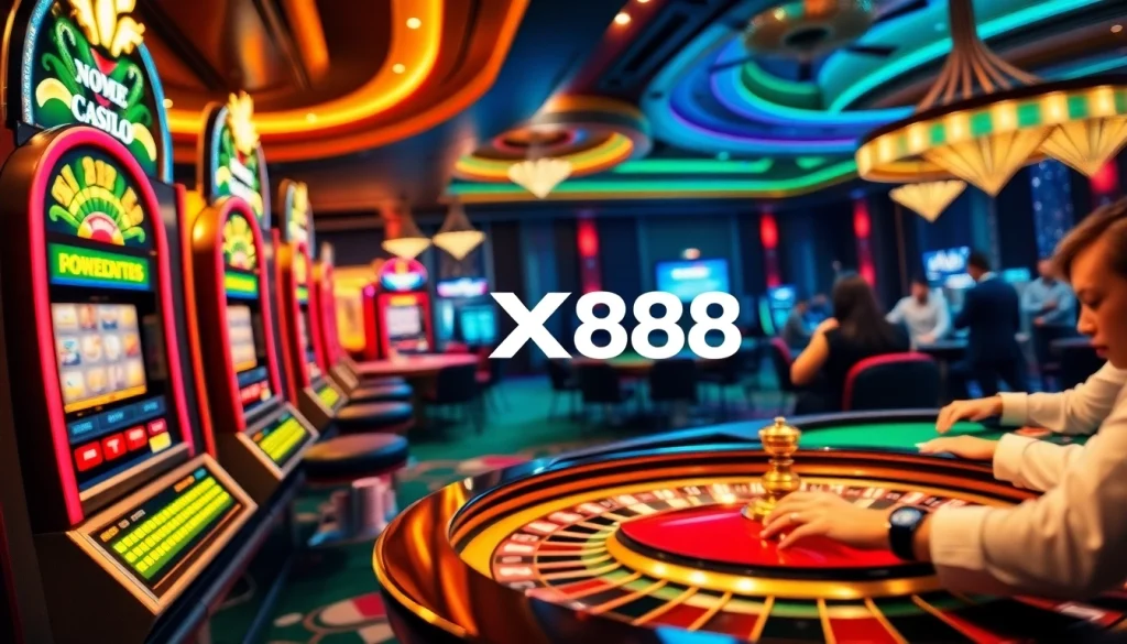 Experience the thrill of XX88 at a bustling casino with vibrant slots, roulette, and poker action.