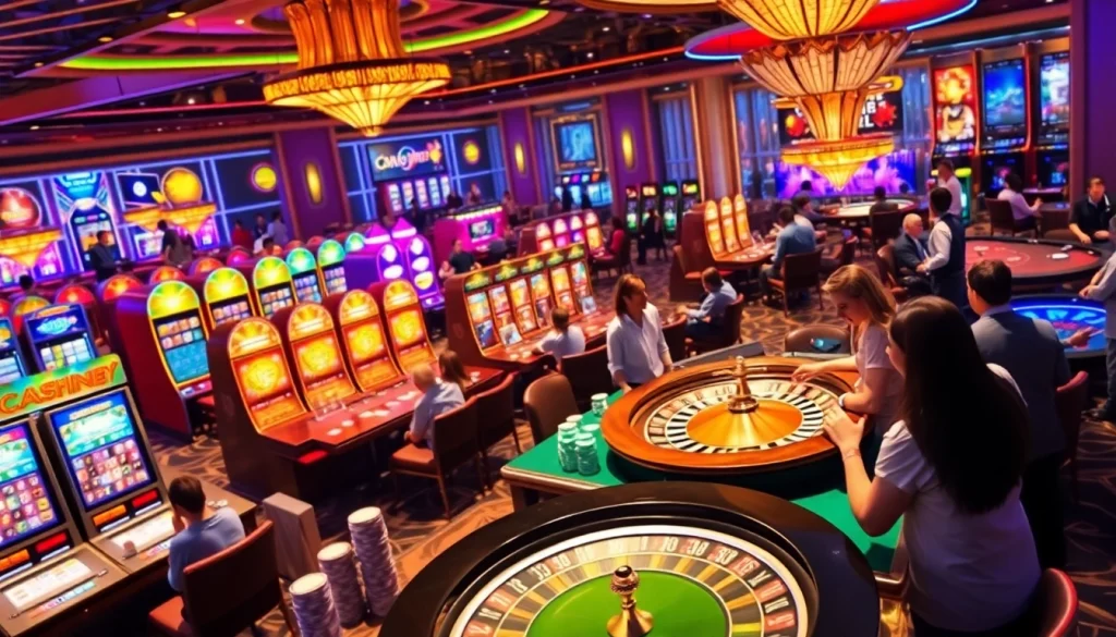 Experience the vibrant gambling world of KJC AC 1 with players enjoying casino tables and slot machines.