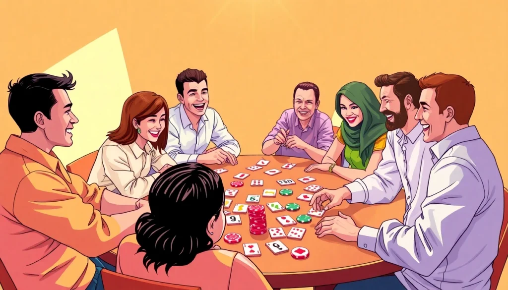 Playful friends engaged in Rummy nabob, showcasing vibrant cards and chips on a table.
