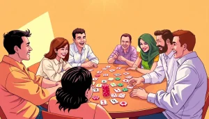 Playful friends engaged in Rummy nabob, showcasing vibrant cards and chips on a table.