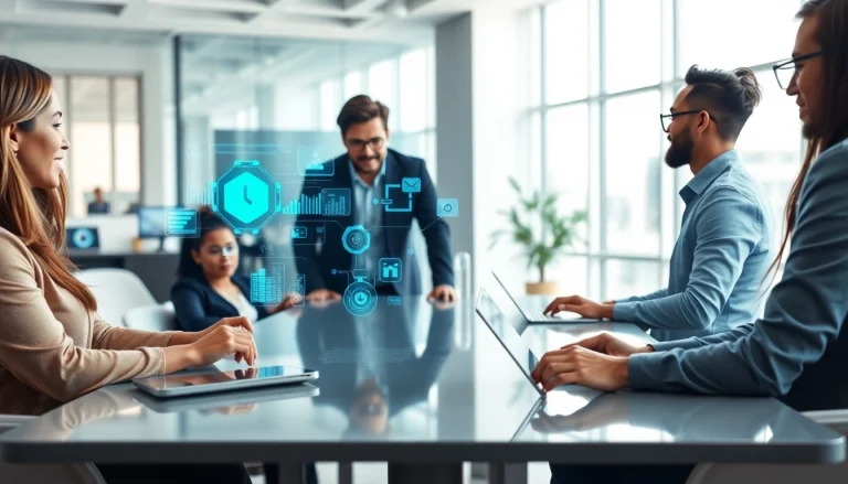 Technology collaboration in a modern office setting highlights innovative teamwork and creativity.