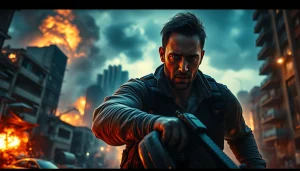 Unleashing adrenaline, an action thriller hero faces chaos in a fiery urban landscape.