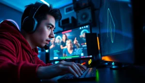 Menampilkan gameplay hakim4d game dengan gamer fokus dan peralatan gaming yang mendukungnya.