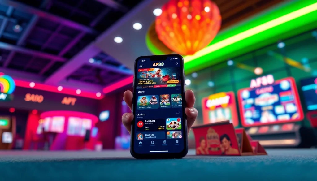 AF88 app interface showcasing vibrant online betting options in a modern casino environment.