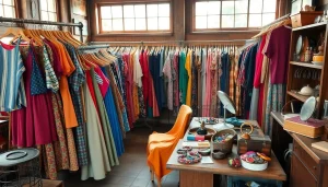 Shop unique finds at https://thrift-vintage.com with a vibrant vintage clothing display.