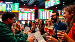 Engaged bettors eagerly discussing the best sports betting sites for Mexico in a lively environment.