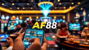 Online gambling interface featuring AF88 com with players enjoying interactive games on digital devices.