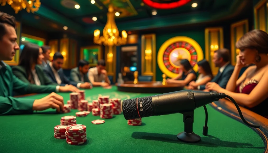 Players strategizing at a poker table with the MV88 microphone enhancing the gaming experience.